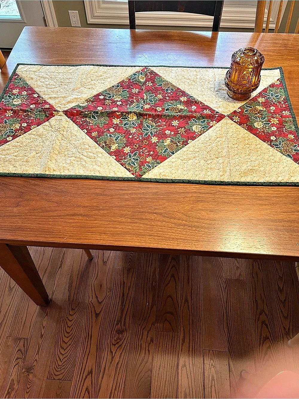 One of a Kind Christmas Table Runner Hand-Quilted Table Runner Red & Cream